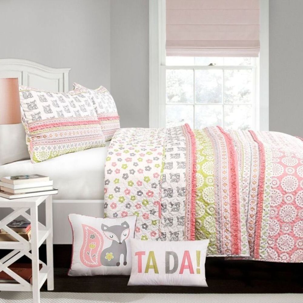 Lush Decor - 5pc Full/Queen Fox Ruffle Striped Reversible Kids' Pink/Gray